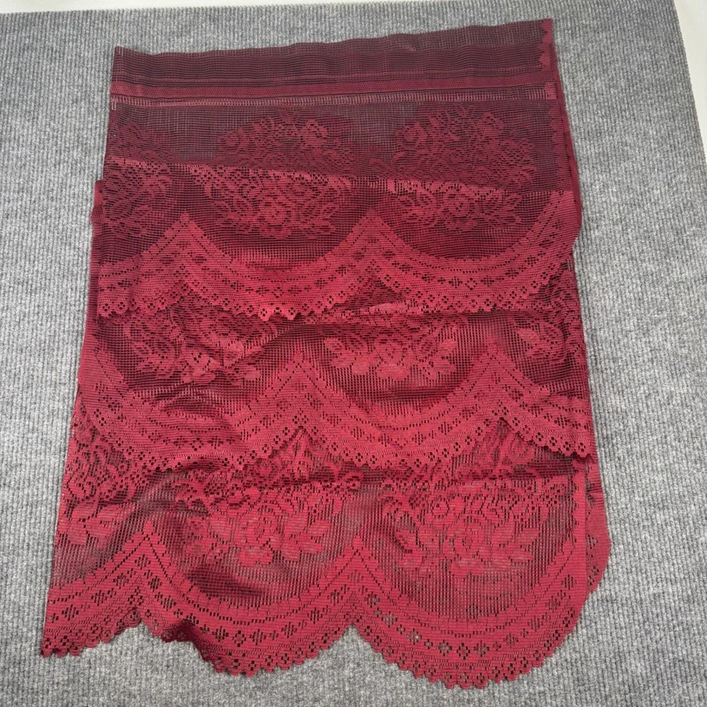 VTG 3 Burgundy Floral Lace Window Valances Scalloped Victorian Cottagecore 58x17